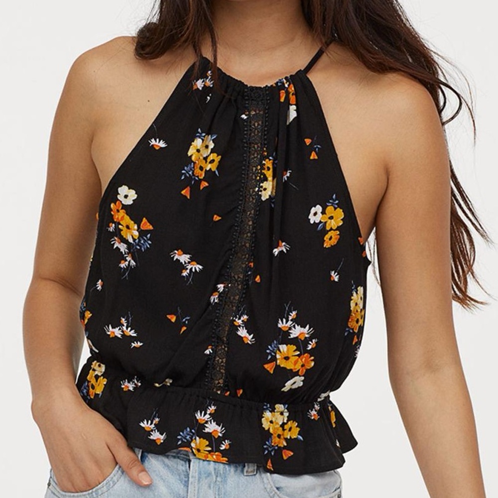 H&M Divided Floral Halter Top Women 4 Black Crochet Boho NWT‎